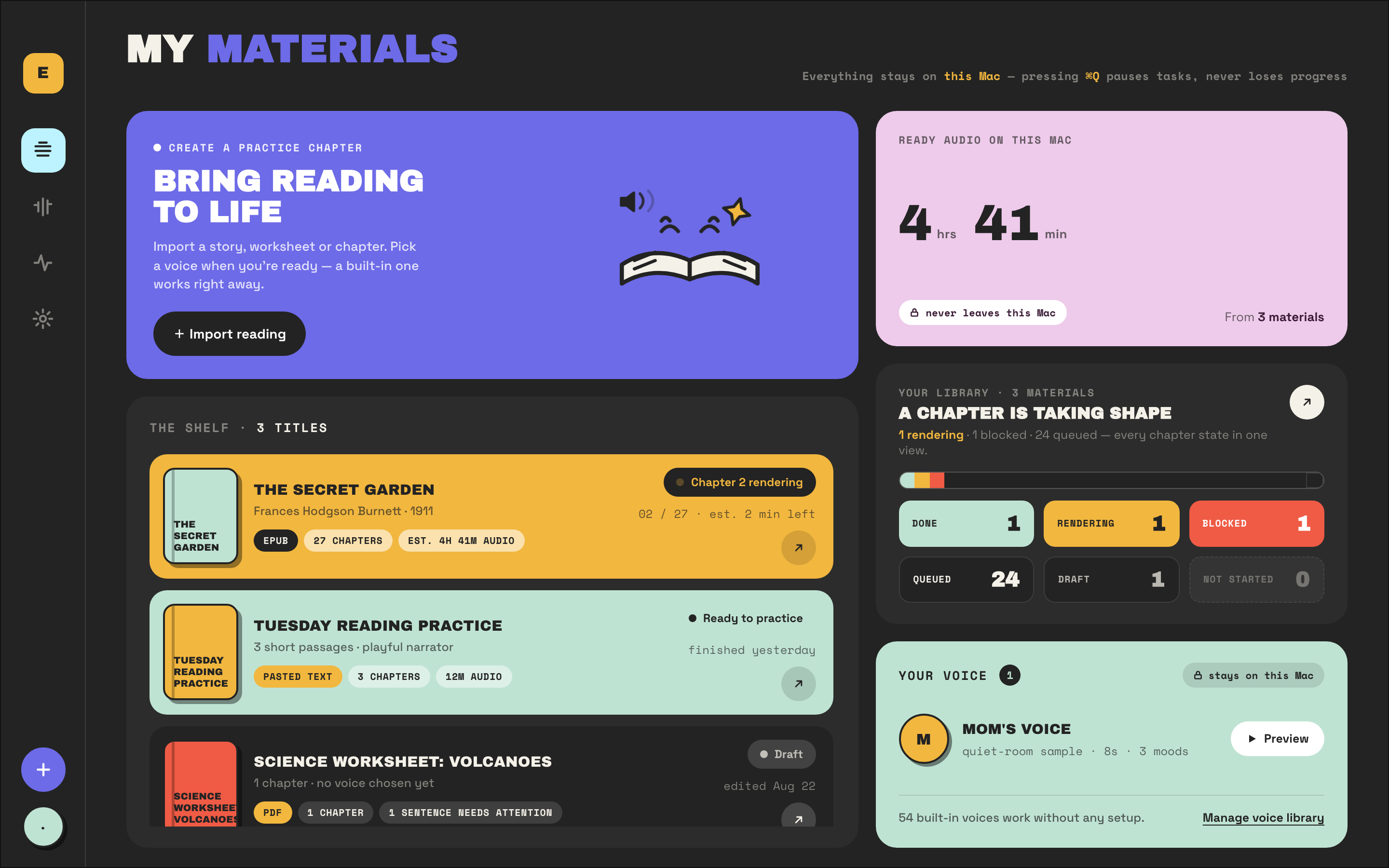 Elmren Voice — My Materials: imported readings, ready audio, and your cloned voice