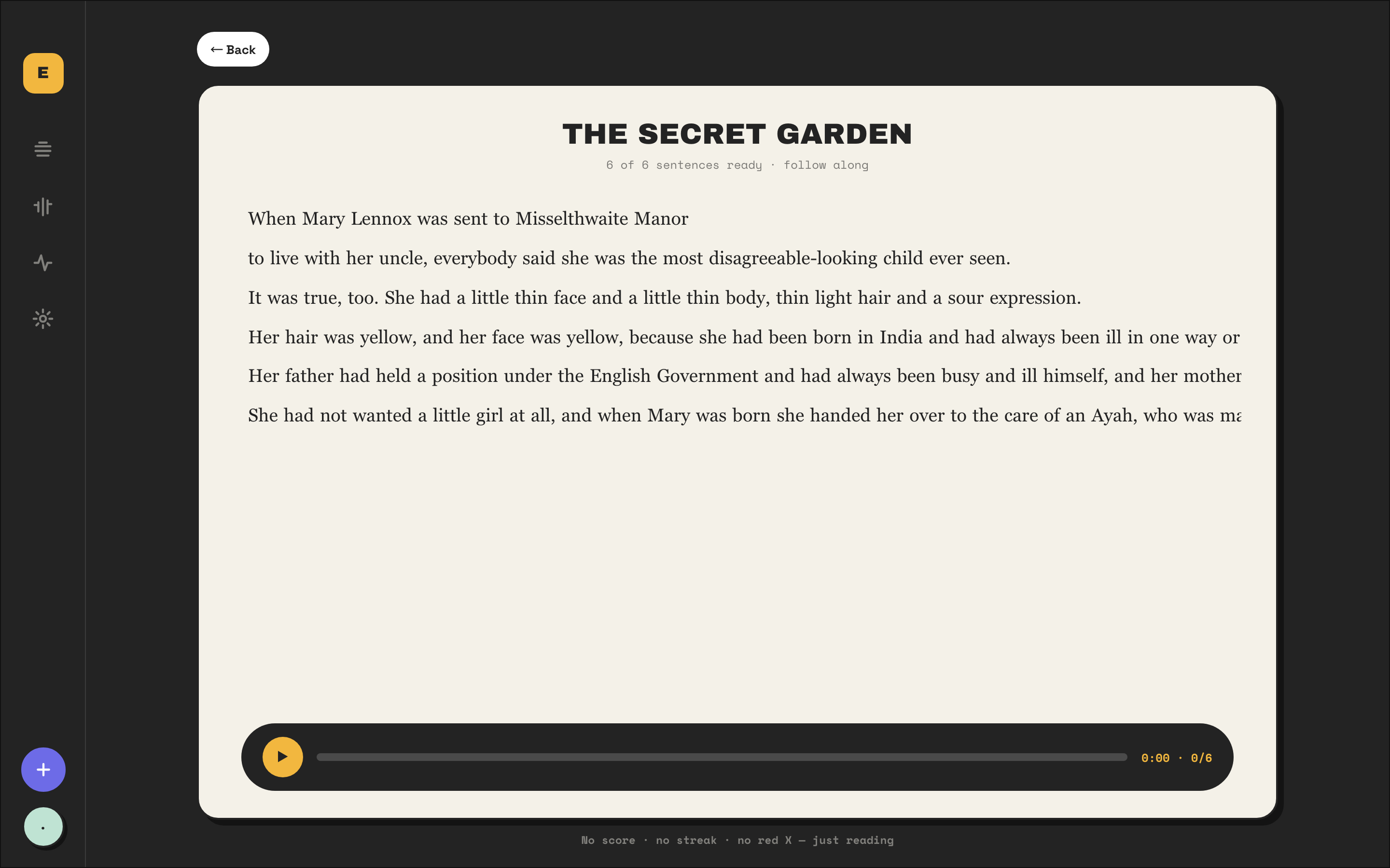 The follow-along player — a self-contained HTML page reading The Secret Garden with a play bar